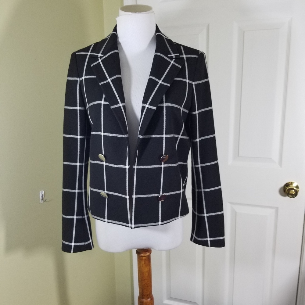 Express Black Windowpane Double-Breasted Blazer
